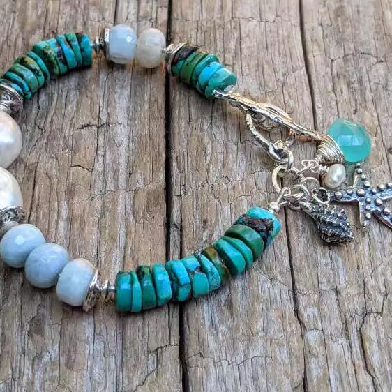 Ocean㊣加拿大代购 手作复古真正绿松石海洋贝壳串珠海星纯银手链