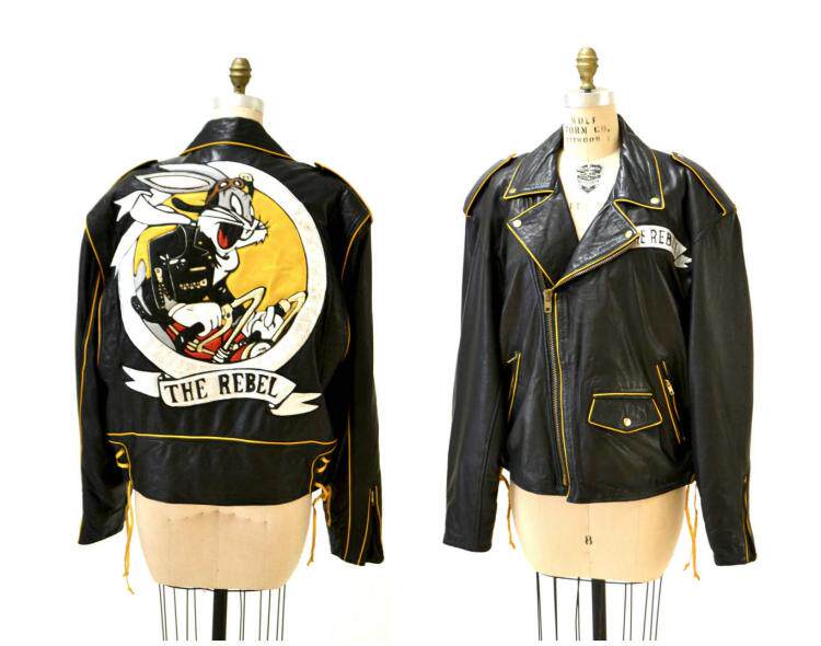 美国代购Biker◇古着90年代复古摇滚黑色皮革摩托车卡通夹克皮衣
