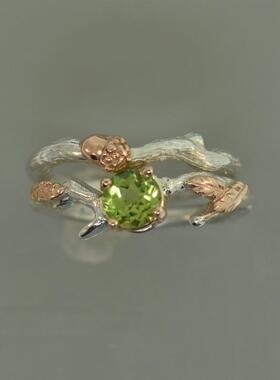 美国代购peridot◇手作复古橄榄石宝石树枝橡子14K金女士订婚戒指