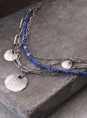 波兰代购Necklace㊣ 手作蓝色青金石串珠复古氧化纯银多层项链