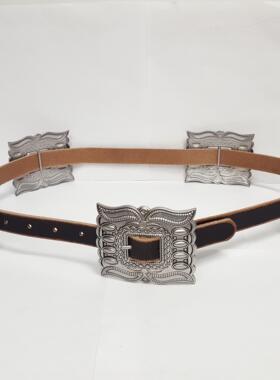 美国代购Concho◇手作复古皮革西部矩形银色康乔扣真皮皮带腰带