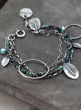 氧化纯银绿松石宝石手链银链银盘