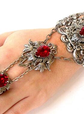 红色水晶银色花丝镀纯银戒指手链
