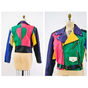 美国代购 Biker◇古着复古80年代彩色拼接心形皮革机车夹克皮衣