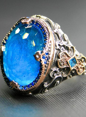 纯银复古蓝色锆石宝石镶嵌戒指