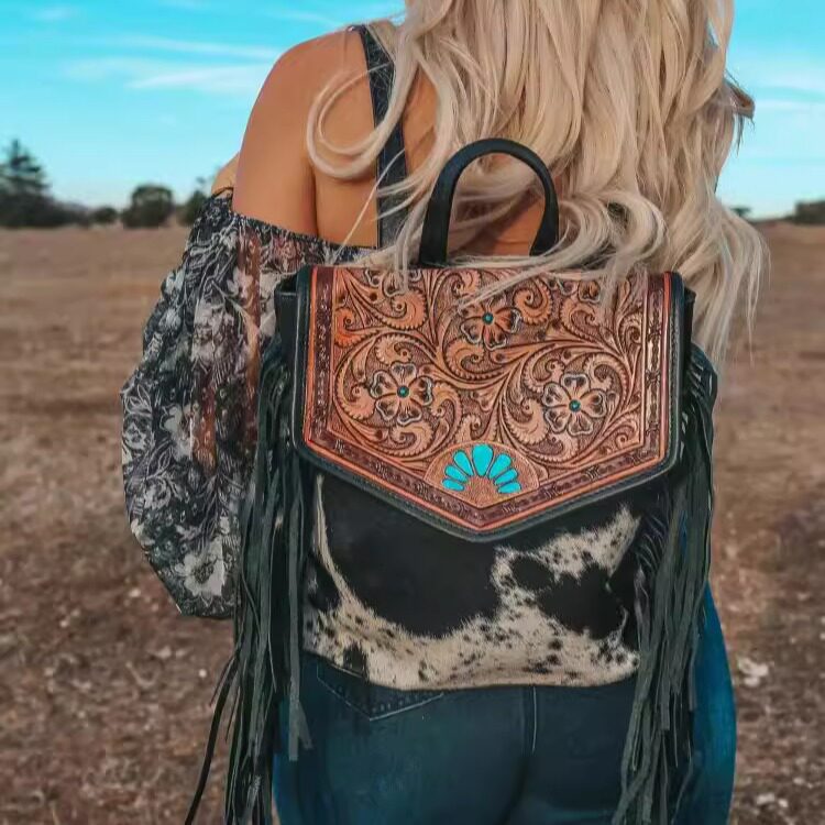 美国代购Backpack㊣ 手作波西米亚民族风牛皮花卉流苏双肩背包