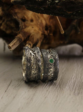 花朵祖母绿镶嵌情侣对戒结婚戒指