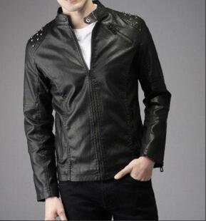 美国代购 机车立领夹克皮衣 Biker◇手作黑色真皮皮革铆钉钉肩男士