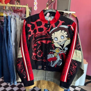 美国代购 Biker◇古着复古卡通娃娃机车女郎红黑色立领夹克短外套
