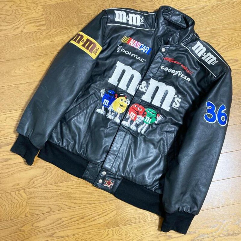 海外代购Genuine◇古着复古90年代M豆趣味糖果人赛车男士夹克皮衣