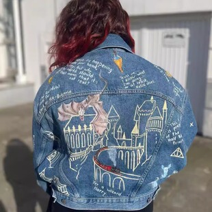德国代购 手作简约精美手绘动物城堡字母牛仔夹克短外套 Jacket㊣