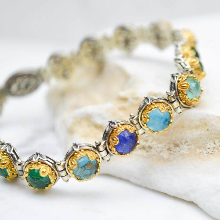希腊代购Bracelet㊣ 手作优雅华丽复古多彩宝石串珠925纯银手链