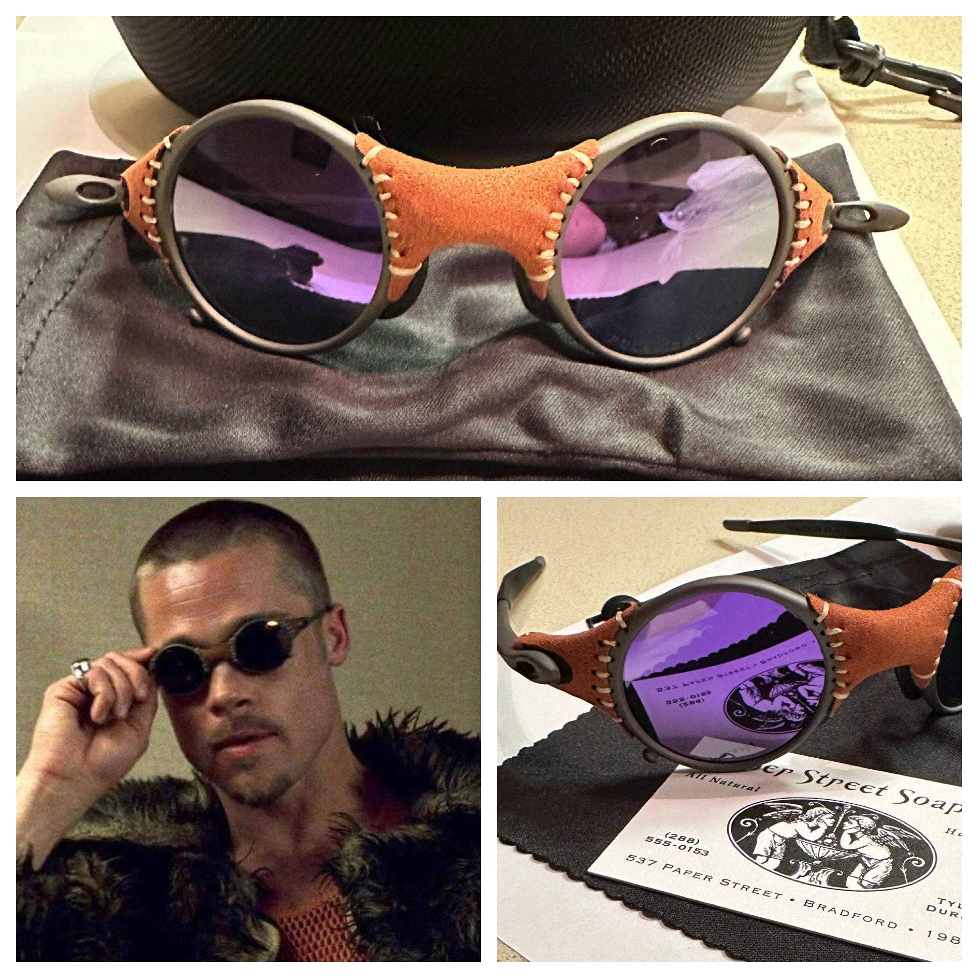 美国代购Glasses 古着收藏皮革装饰防紫外线紫色镜片太阳眼镜