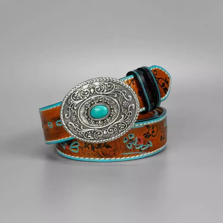 海外代购Brown◇手作复古棕色全粒面皮革银扣蓝色宝石宽皮带腰带