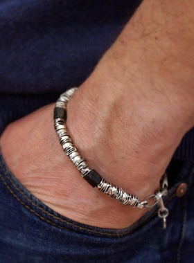 天然黑色碧玺纯银银珠男士手链