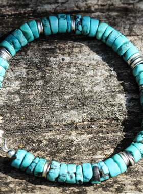 美国代购Turquoise◇手作复古部落真正天然绿松石串珠纯银手链