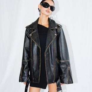 英国代购 Biker◇手作复古超大号黑色真皮机车皮带皮夹克女士皮衣