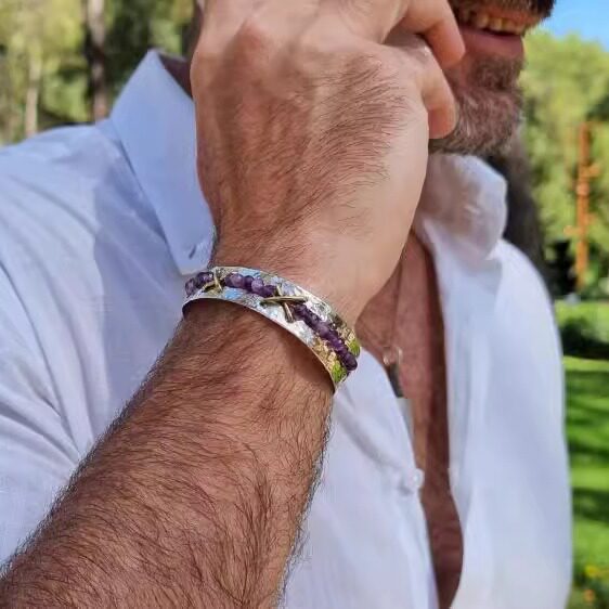 土耳其代购Bracelet㊣ 手作华丽天然紫水晶宝石串珠镶嵌纯银手镯