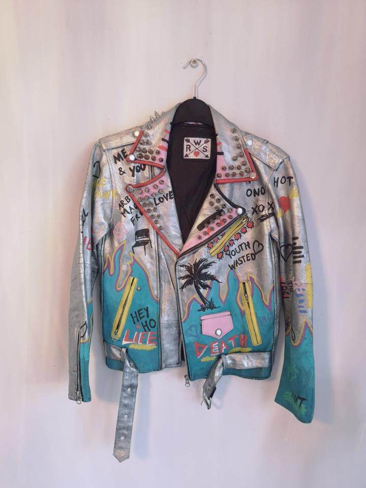 Painted㊣英国代购 手作迷人手绘图案西装领拉链骑行夹克外套皮衣