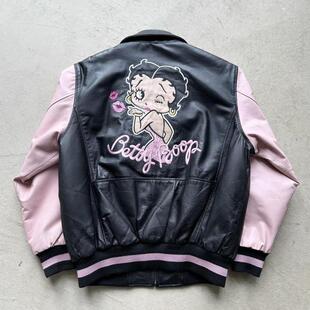 美国代购 古着粉色黑色皮革拼接俏皮娃娃飞行员夹克皮衣 Jacket㊣