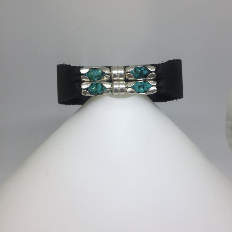 美国代购Cuff◇手作个性纯银绿松石镶嵌黑色皮革银珠情侣手镯手链
