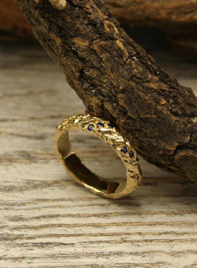 男士14K纯金复古天然蓝宝石戒指