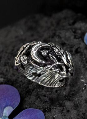 纯银星空钻石镶嵌新月叶子戒指