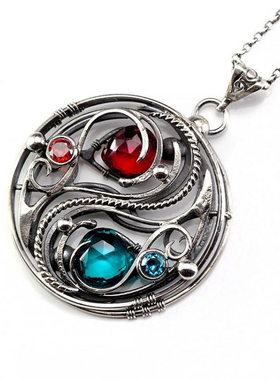 英国代购Necklace㊣ 手作哥特式蓝红色石英石氧化纯银线缠绕项链