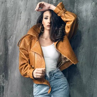 不对称扣合大翻领棕色夹克皮衣 手作90年代风格 海外代购 Leather㊣