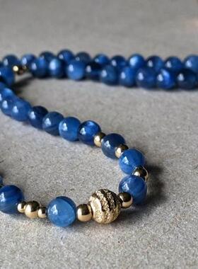 澳大利亚代购Kyanite◇手作天然蓝色蓝晶石圆珠串珠金色女士项链