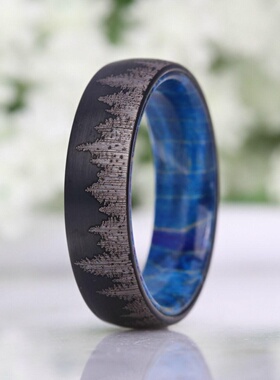 黑森林碳化钨接骨木戒指蓝木图案