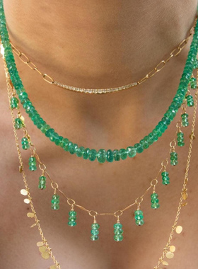 华丽14K金祖母绿串珠流苏项链