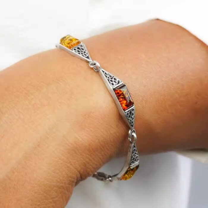 加拿大代购Bracelet㊣ 手作精致几何矩形纯银镶嵌波罗海琥珀手链