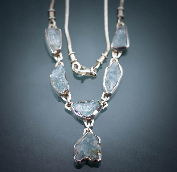 美国代购Necklace㊣ 手作现代风格三月生辰石海蓝宝石925纯银项链