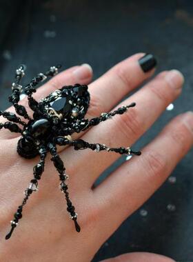 海外代购Spider◇手作复古自然灵感黑色蜘蛛水晶珠子亮片可调戒指
