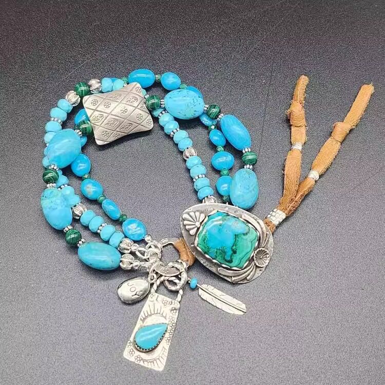 美国代购Bracelet㊣ 手作波西米亚风绿松石孔雀石纯银多层手链