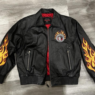 美国代购 Biker◇古着复古卡通娃娃火苗摩托车机车黑色皮夹克皮衣