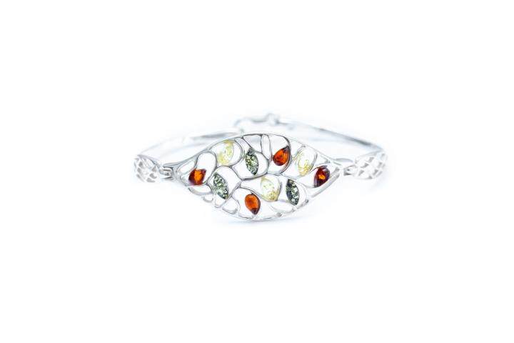Bangle㊣英国代购 手作迷人美丽花卉主题镂空琥珀镶嵌纯银手镯