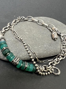 英国代购Bracelet㊣ 手作深绿色缟玛瑙黑石珠圆盘串珠纯银手链