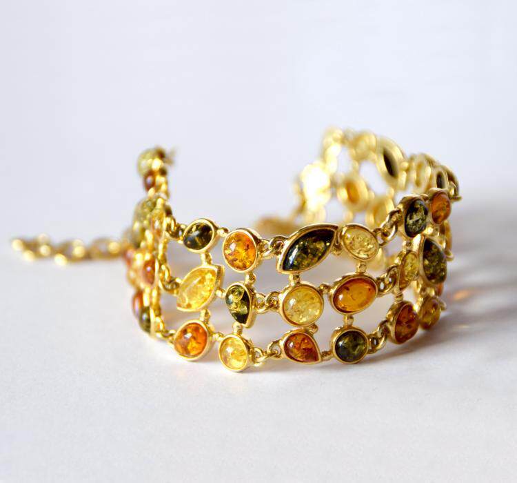 意大利代购Natural◇手作华丽天然琥珀可调节925纯银镀金女士手链