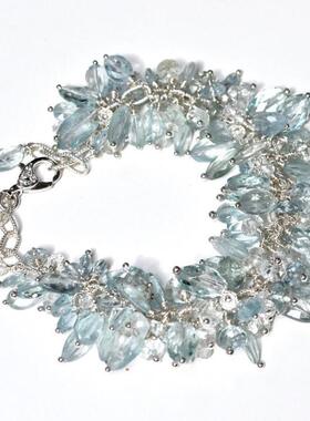 美国代购Shaped㊣ 手作华丽海蓝宝石白色托帕石串珠925纯银手链