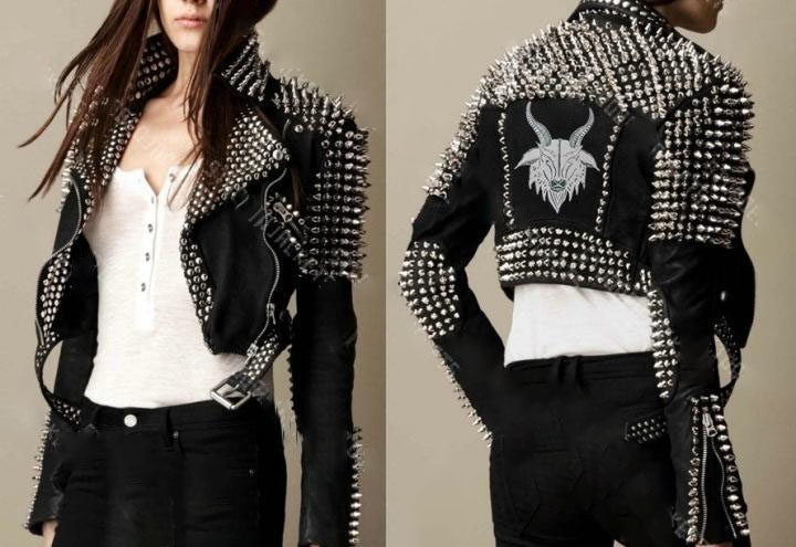 泰国代购Jacket∞手作朋克黑色真皮银色铆钉尖刺摩托机车夹克皮衣