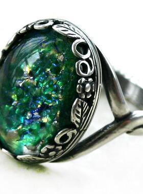 绿色玻璃蛋白石花环银色可调戒指