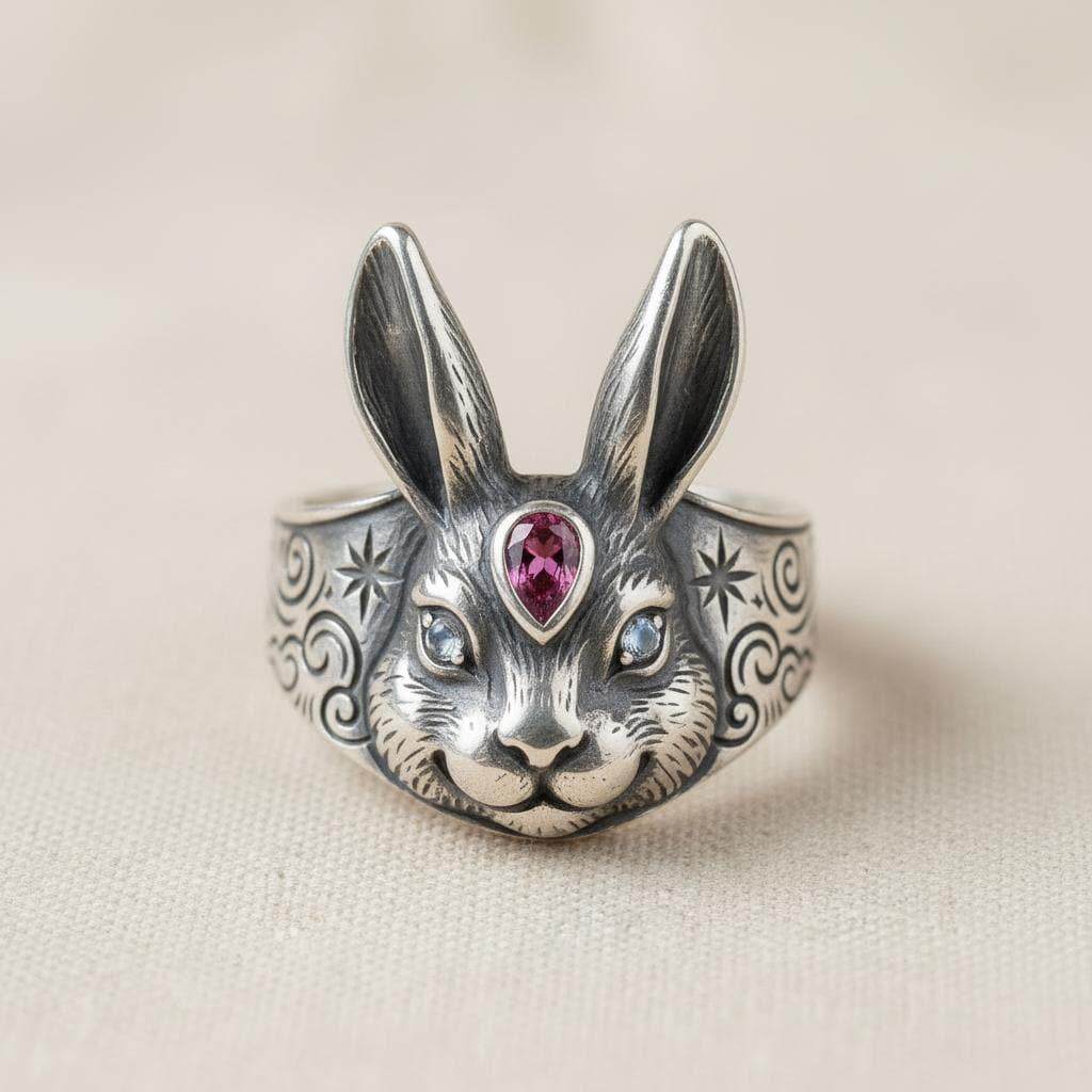 美国代购Rabbit◇手作复古可爱小兔子粉色水晶梦幻氧化纯银戒指