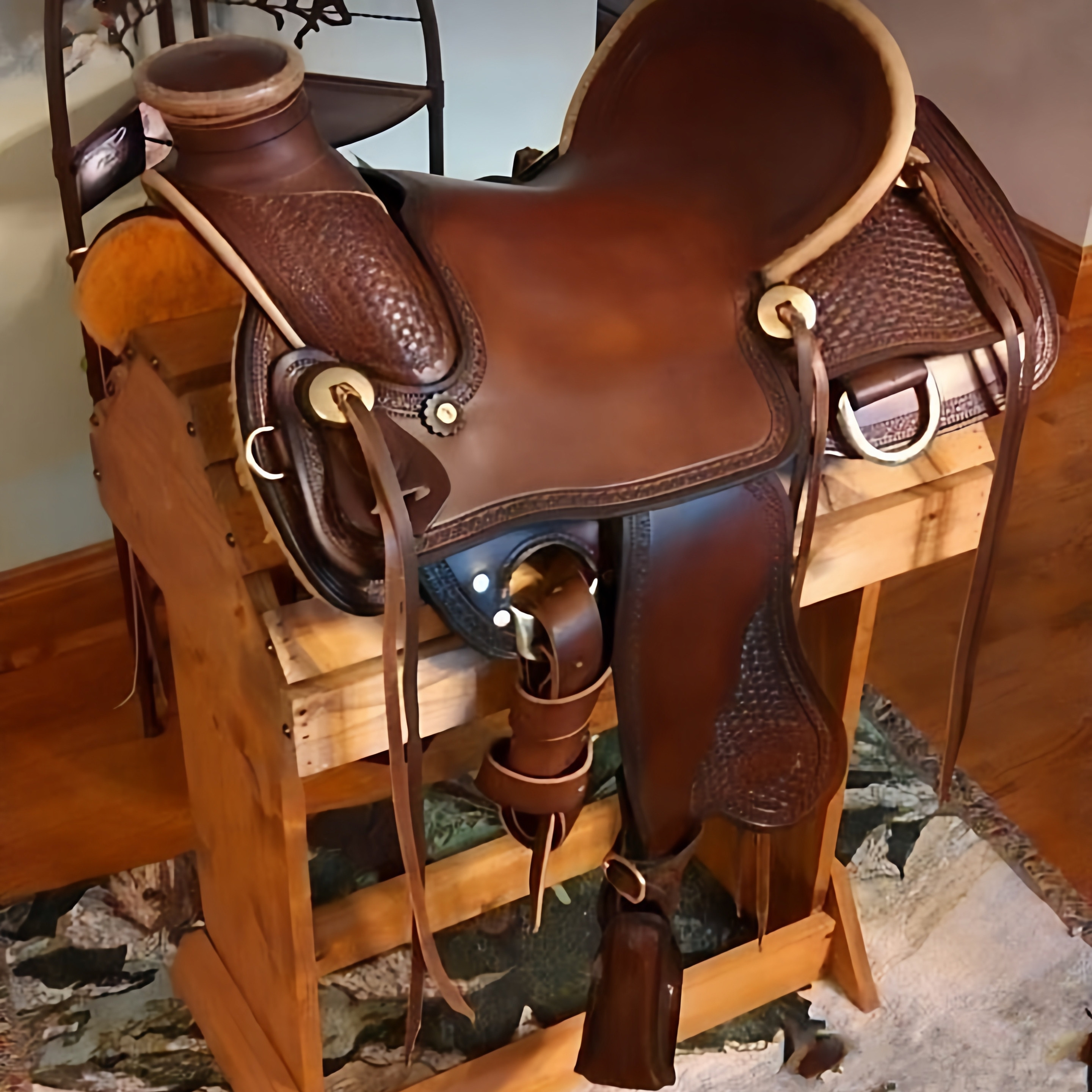 海外代购Saddle◎手作定制浅栗色搭配马笼头和马衔铁西部表演马鞍