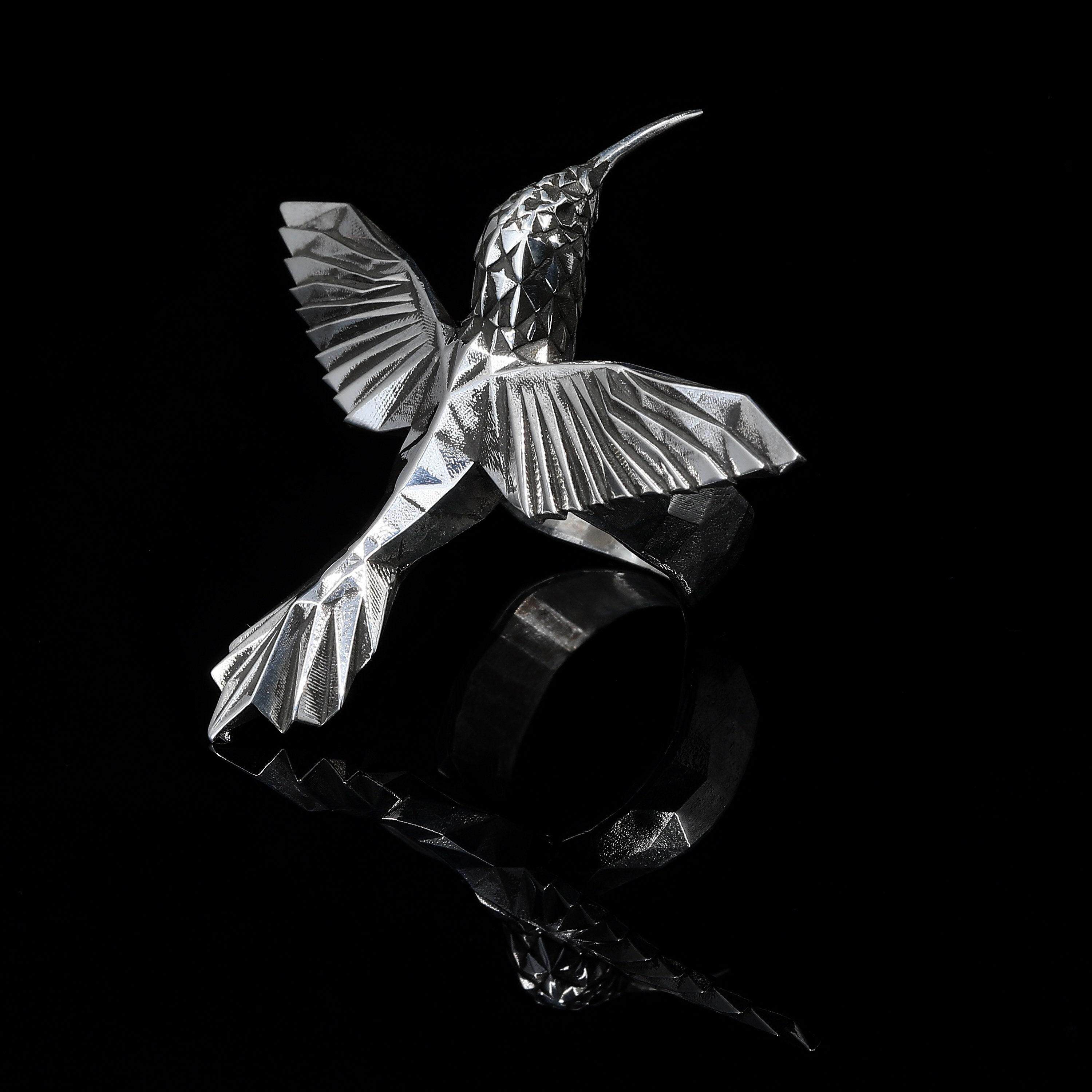 美国代购Graceful▽手作森林动物系列个性蜂鸟 复古925银几何戒指