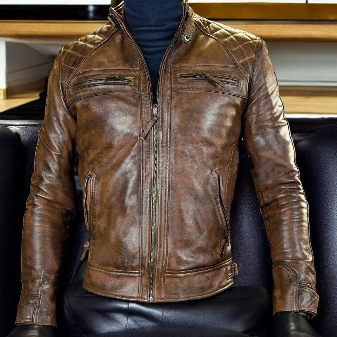 海外代购Biker◇手作复古经典棕色真皮机车摩托车立领夹克皮衣