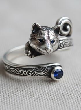 柴犬狗宠物蓝色宝石纯银开口戒指