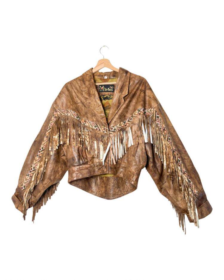 意大利代购Jacket㊣ 古着柔软皮革流苏垫肩中性皮衣夹克短外套