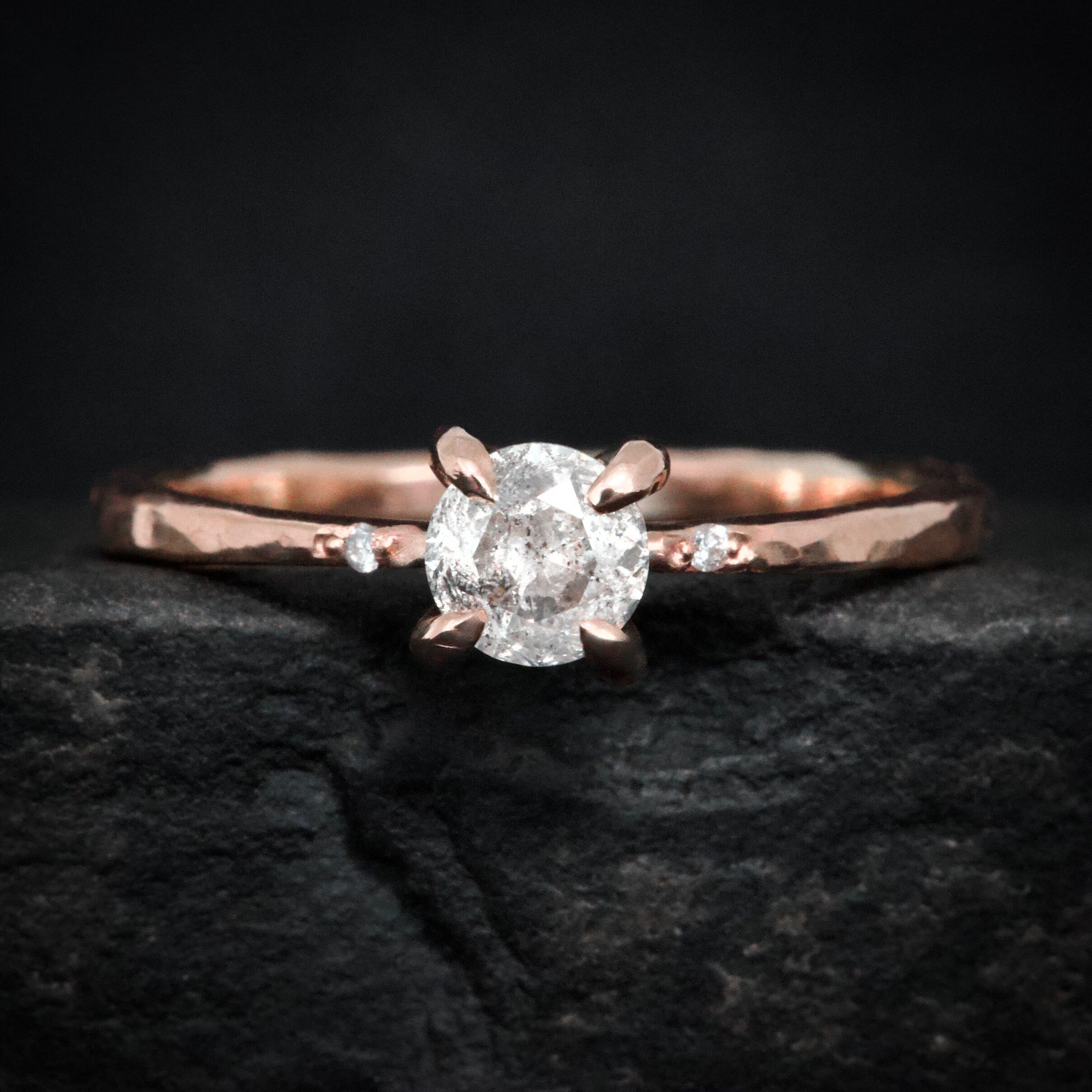 海外代购Diamond◇手作圆形椒盐星空天然钻石14K玫瑰金订婚戒指